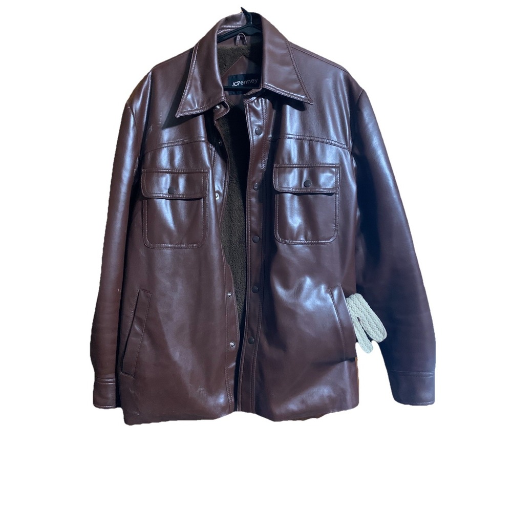 Vintage JCPenney Brown Faux Leather Car Coat Sz. Large Matching Cool Cat Gloves